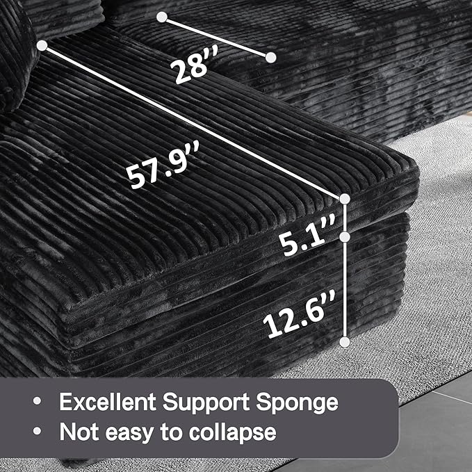 luckyvo 108-inch Boneless Couch for Living Room，Comfy Boneless Sofa with Deep Seats & Chaise Lounge, 3-Seat Modular Sofa Memory Foam Sectional Couches - No Assembly Required(Dark Black)