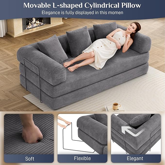 DAMAIFROM Convertible Sleeper Sofa Bed with Pillow, 4-in-1 Corduroy Folding Mattress Couch with Fixed-Shape Frame, Futon Fold Out Floor Sofa Cama Lounge Couch for Living Room Bedroom Studio, Grey