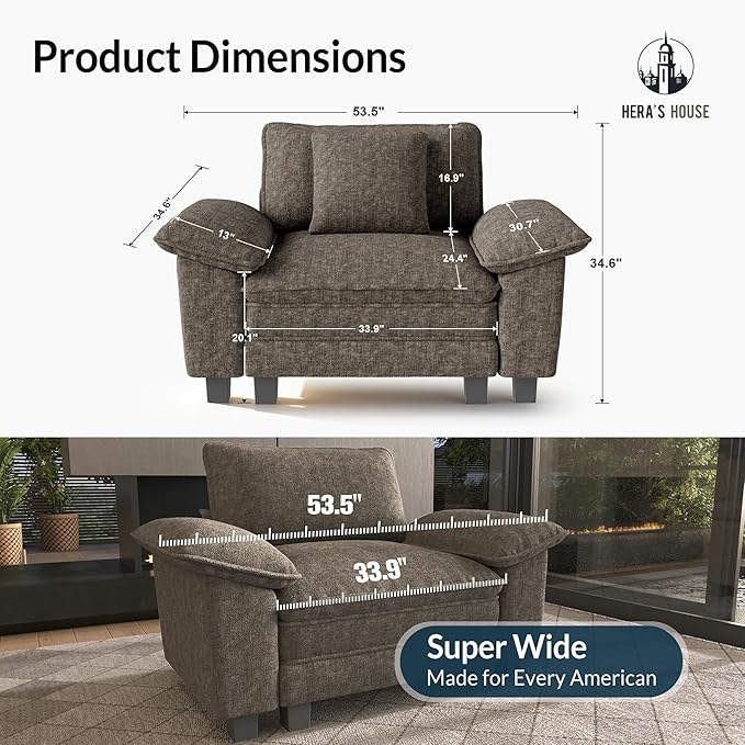 HERA'S HOUSE 54" Modular Sectional Sofa Couches for Living Room, Comfy Cloud Couch 1-Seater Deep Seat Sofa with Throw Pillow, Chenille Ash