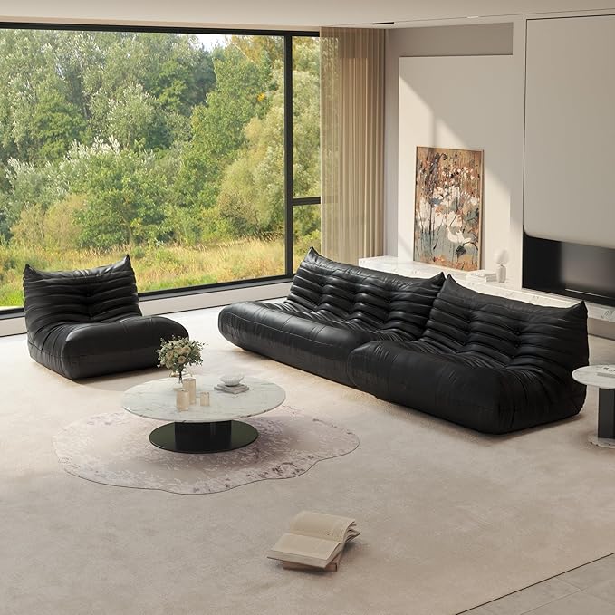 Fireside Chair Lazy Floor Sofa Set, Cozy Memory Foam Bean Bag Chairs, Faux Leather Giant Bean Bag Chair Sofa, Armless Foam Couch Lounger Tatami Recliner for Living Room Bedroom Dorm Office