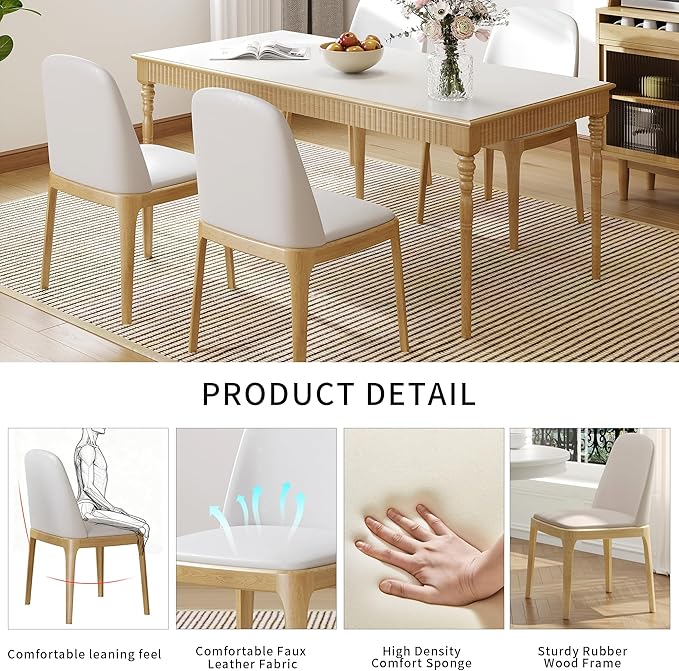 Beige Upholstered backrest Wooden Dining Chairs Set of 2, Beige Upholstered Faux leather Dining Room Chair,SolidWood Frame wood color Side Chairs with Quiet Non-Slip Round Mat for Farmhouse Kitchen
