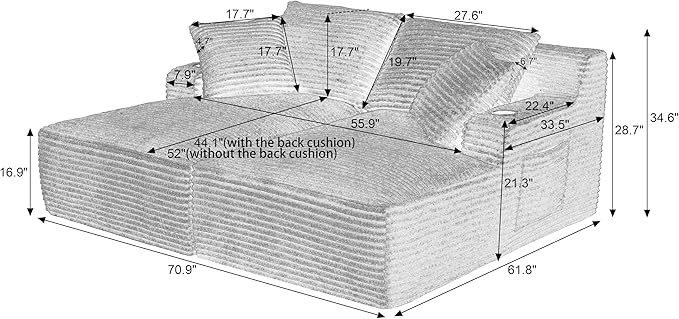 71" Oversized Double Chaise Lounge Sofa Indoor Boneless Sleeper Daybed, Fluffy Corduroy Upholstered Compressed Cloud Couch Loveseat Sofabed, Floor Chair w/Cupholders, Side Pockets for Living Room