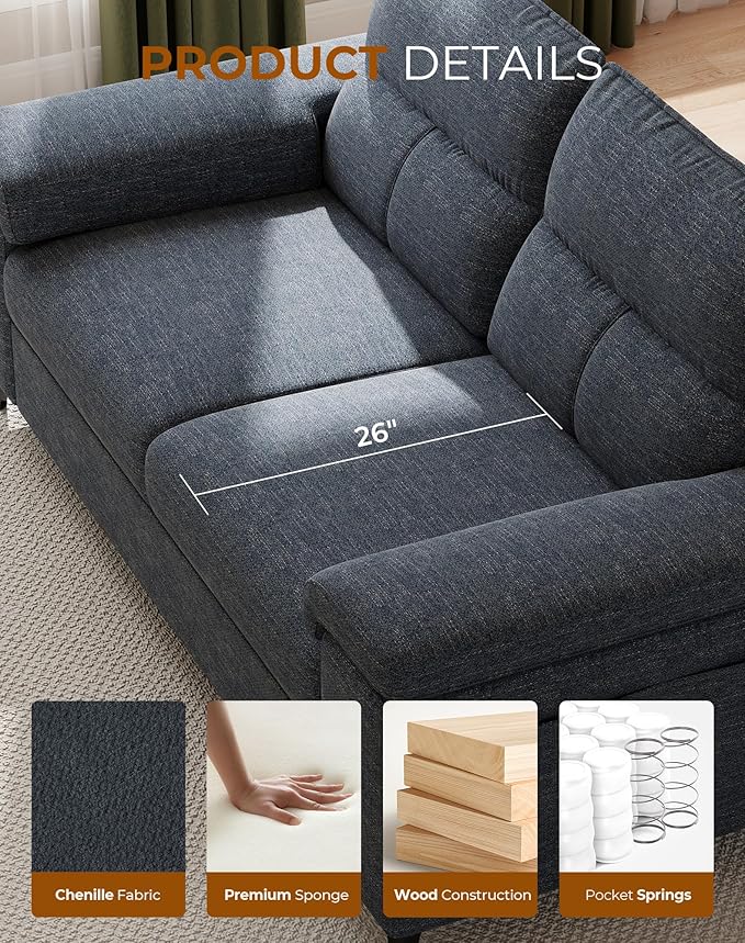 Upvilla 71.25" Modern Sofa Couch for Living Room, Deep Seat Sofas with 8”Cushion, Comfy 2-Seater Chenille Loveseat with Convertible Armrest, Removable Sofa Cover, High Leg(Blue)