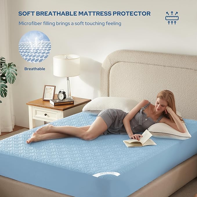 BEDLORE Waterproof Mattress Protector, Cal King Size Mattress Pad with Deep Pocket 6"-20" Depth, Soft Dirt-Proof Double Bed Mattress Cover for Bedroom, College Dorm, Hotel (Sky Blue)