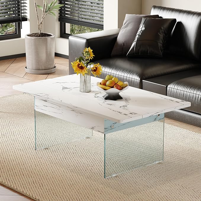 HanStrong 43.3" Lift-Top Coffee Table with Storage,Marble & Tempered Glass Space-Saving for Living Room,Office,White