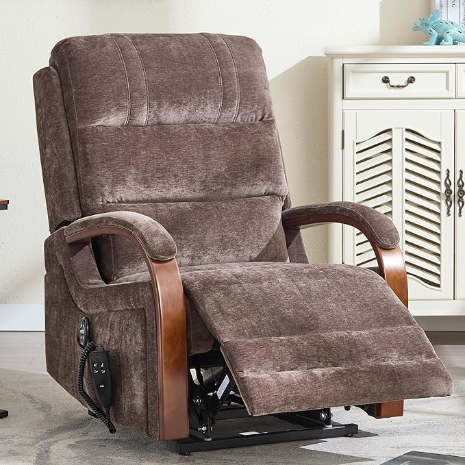 Dual Motor Power Lift Recliner Chair, Lift Chair with Massage and Heat for Elderly, Lay Flat Recliner, Standing Assistance, Infinite Position Reclining, Living Room Chair, Chenille, Brown