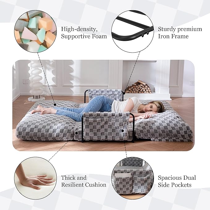 YOSHOOT Adjustable Lazy Floor Sofa, 5-Position Foldable Sleeper Chair with Armrest for Reading, Gaming - Convertible Bean Bag Sofa Bed Couch