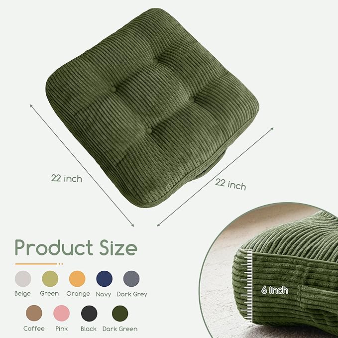 6" Washable Floor Pillow Cushion for Adults, Meditation Cushion Pillow, Large Square Floor Sitting, Removable Tufted Corduroy Cover, for Tatami Living Room or Yoga, 22x22 Inch, 2Pack, Machine Washable