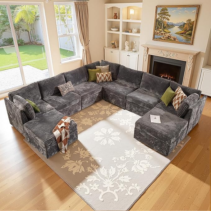 CAODOC Large 9 Seat Modular Sectional Sofa with Ottoman Seat Corduroy Sleeper Sectional Sofa Bed Oversized Convertible Modular Couch for Living Room