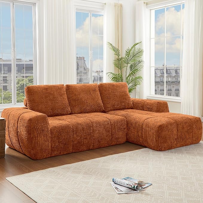 KEIKI Sectional Chenille Floor Sofa, Convertible L-Shaped Boneless Cloud Sleeper Couch with Chaise Lounge, Space Saving Modular Futon Couches Bed for Living Room Bedroom, No Assembly Required, Orange