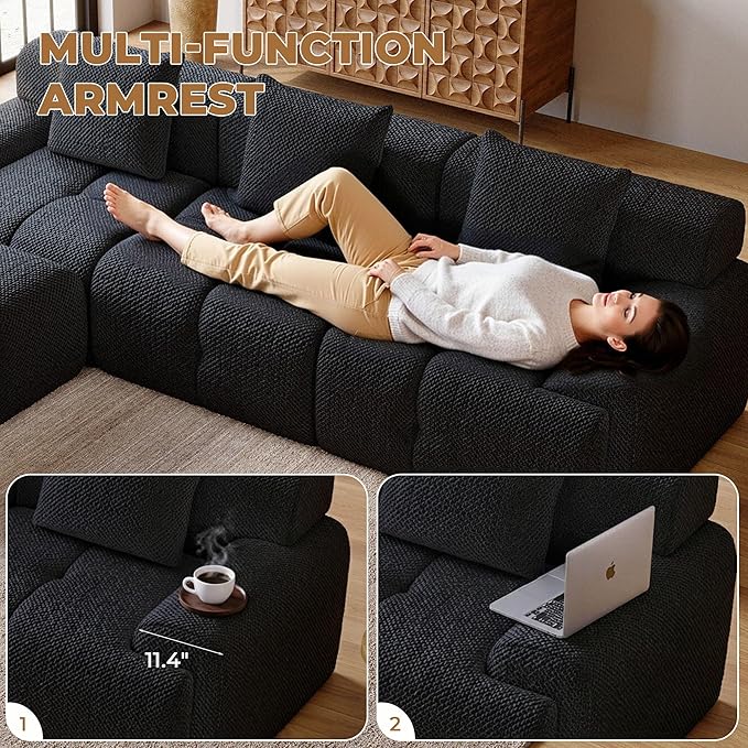 73" Modern Modular Sectional Sofa, 2 Seater Convertible Chenille Cloud Couch Sofa Set, Boneless Couches for Living Room with Ottoman, No Assembly Required, Black