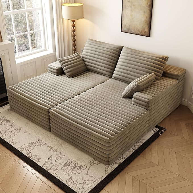 80” Oversized Double Lounge Chaise,Cloud Plush Sofa Bed,Upholstered Boneless Cloud Sofa Deep Seat,No Assembly Required,Modern Corduroy Sleeper Loveseat Chair for Living Room Bedroom Reading,Camel
