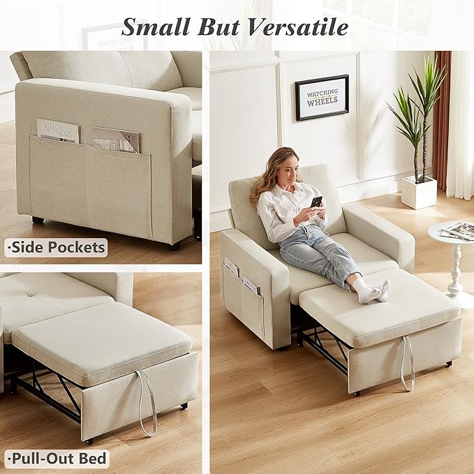WEUP 42.5" Sleeper Chair Bed, 3-in-1 Oversized Convertible Sleeper Sofa Chair with Pull Out Bed, Reclining Adjustable Backrest/Side Pockets, Tool-Free Assembly, Basic Beige