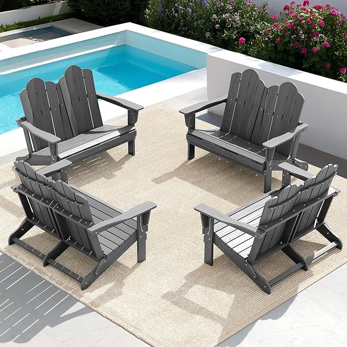 SERWALL 2 Person Adirondack Loveseat, HDPE All-Weather Folding Adirondack Bench Chair, Outdoor Adirondack Chair Set of 4, Grey