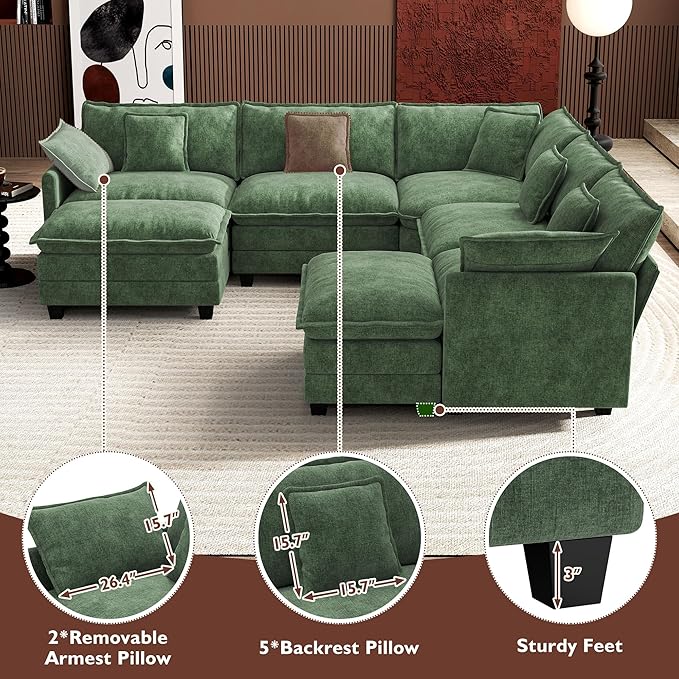 Ihanherry 114" V-Shaped Modern Sofa Modular Sectional Cloud Couch with 2 Ottoman, 7-Seat Chenille Deep Seat Sofa with Corner Section for Living Room, Bedroom and Apartment, Green
