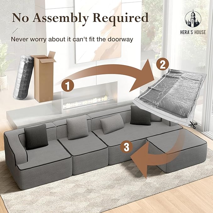 HERA'S HOUSE 134" Cloud Sectional Couch, L-Shaped Modular Upholstered Sofa with Ottoman, Corduroy Boneless Couches with Wide Armrest and 5 Throw Pillows for Living Room, No Assembly Required, Grey