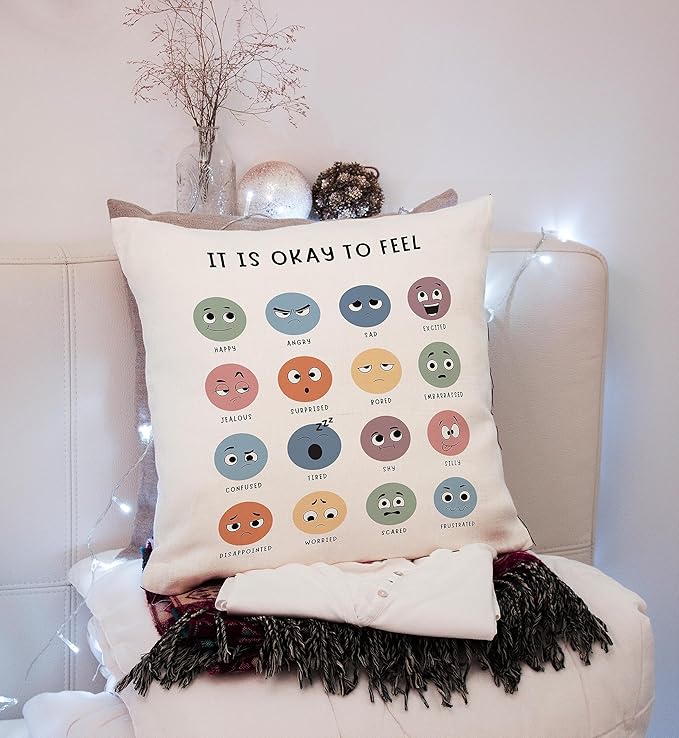 Nogrit Calm Down Corner Supplies Calming Corner Decor Feelings Pillow Cover 18x18 Counseling Office Calm Corner Must Haves, School Counselor Gifts Mental Health Decor for Therapy Office Gifts