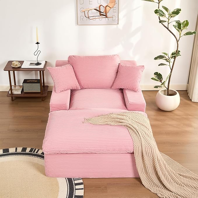 63" Oversized Boneless Chaise Lounge Chair, Extra Cloud Layer, Convertible Sleeper Sofa Couch with Removable Pillows & Side Pockets, Corduroy Upholstered Sofa Bed with Armrests for Living Room, Pink