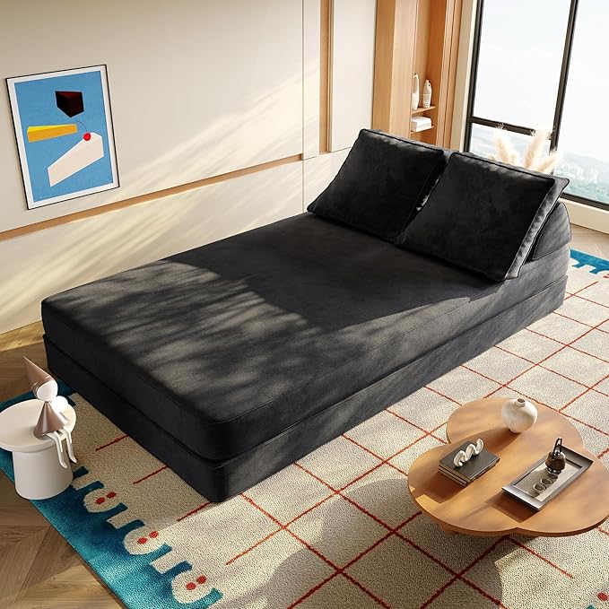 Convertible Sleeper Sofa Bed Floor Sofa,86.6" King Size Folding Mattress Couch with Pillow,Upholstered Boneless Cloud Couch for Apartment Living Room Bedroom (Dark Gray)