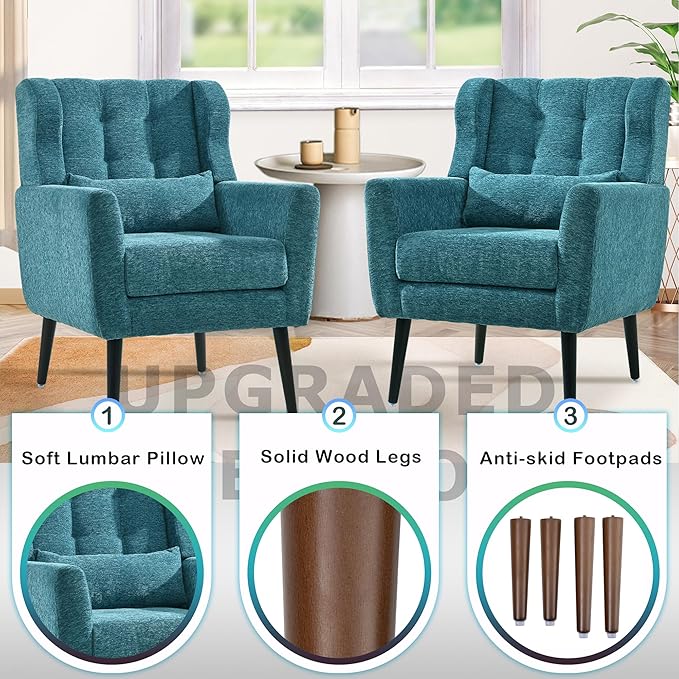 QKFF Modern Accent Chair, Upholstered Armchair with Pillow, Fabric Single Sofa Chair with Lounge Seat and Wood Legs Accent Chair for Living Room Bedroom Small Spaces (Teal)
