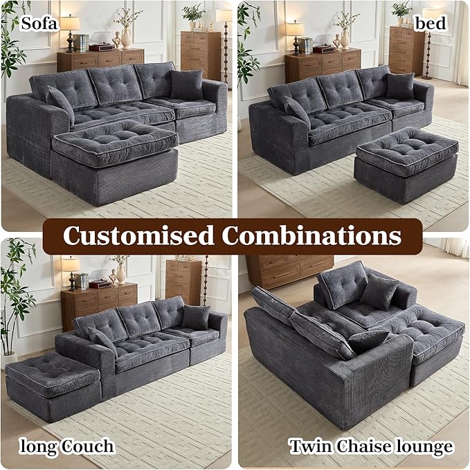 Modular Sectional Sofa, Modern Boneless Couch with L-Shape Chaise, Home Sectional Comfy Sofa Set for Living Room Bedroom and Floor, Plush Corduroy, No Assembly Required (Gray)