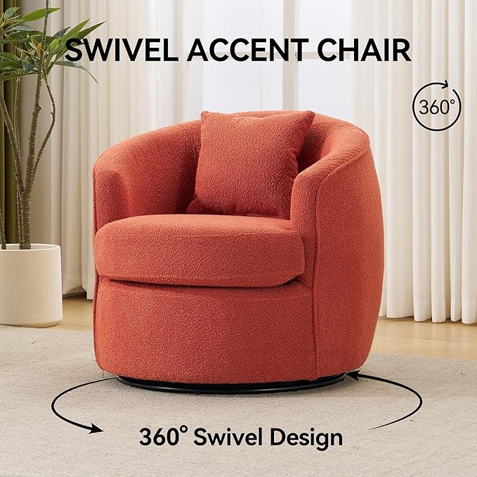 FaFaSoGoodFa Swivel Accent Chair, Modern Upholstered Boucle Barrel Arm Chairs with Pillow for Living Room, 360 Degree Round Swivel Sherpa Armchair with Round Base for Bedroom Club (1, Orange)