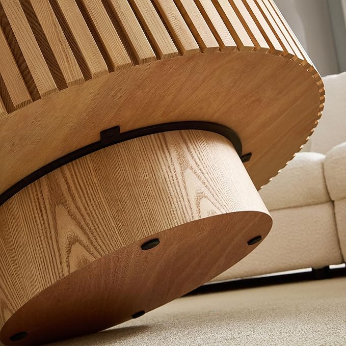 35.43''/90CM Modern Drum Coffee Table, Luxury Circle Wood Coffee Table for Apartment,Small Space (Original Wood(Oak), Ø35.43 x 13.77 Sintered Stone Tabletop)