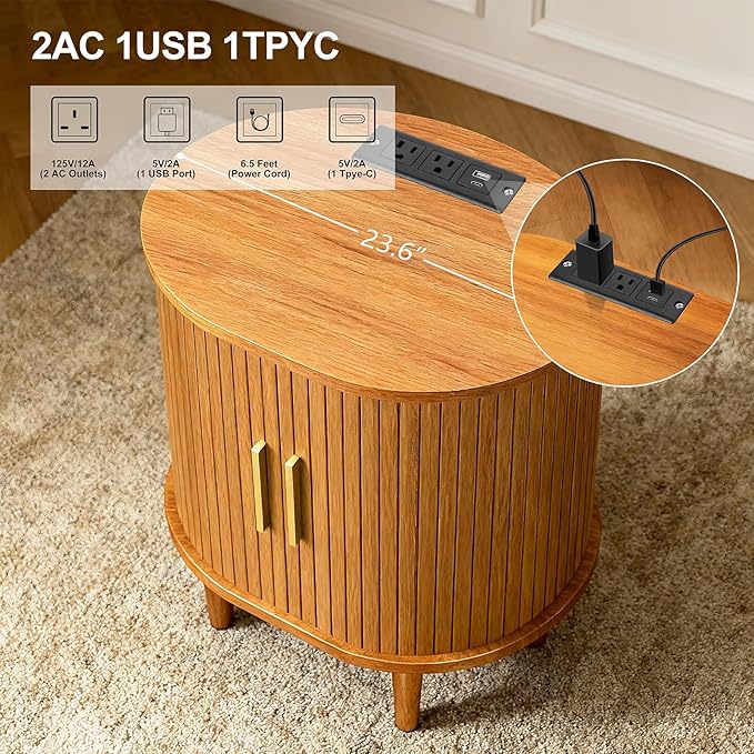 DHH Mid Century Modern Nightstand Set of 2 with Charging Station,Fluted Accent Side Table with Sliding Door & Adjustable Shelf,End Table for Small Space, Living Room, Bedroom,Sofa Couch,Yellow Walnut