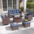 LayinSun 7 Pieces Patio Furniture Set with Swivel Chairs, Rattan Wicker Rocking Glide Chairs with 44" Propane Gas Fire Pit Table Conversation Set