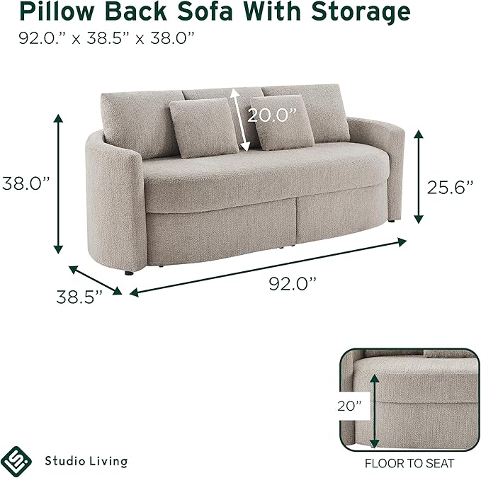 Studio Living® Beckett 92" Storage Sofa, Modern Farmhouse, Pocket Coil Comfort, Easy Assembly, Chenille Fabric, Taupe