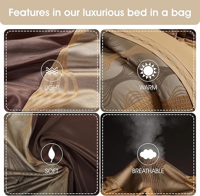 Grand Avenue Elegant Brown Comforter Set King, Striped,7 Piece Bed in a Bag, Jacquard Bedding Set All Season, Matching Decorative Pillows, Pillow Sham