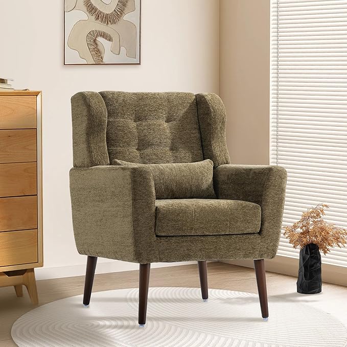 QKFF Modern Accent Chair, Upholstered Armchair with Pillow, Fabric Single Sofa Chair with Lounge Seat and Wood Legs Accent Chair for Living Room Bedroom Small Spaces (Avocado, Set of 1)