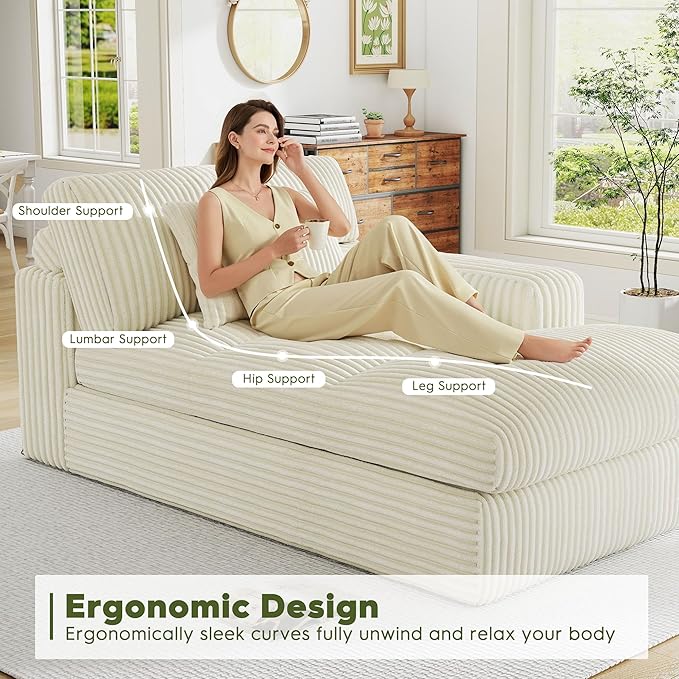 Oversized Chaise Lounge Sofa Chair Indoor，Soft Corduroy Fabric, Boneless sofawith Cushion，A Comfortable, deep-Seated Cloud Sofa for use in The Living Room.(Singler-Right-arm-White)