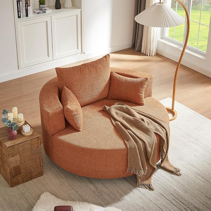 Merax 360° Swivel Chair, Chenille Fabric Accent Barrel Chair, Swivel Round Sofa Chair with 3 Removable Pillows for Living Room, Bedroom, Office and Hotel, Red