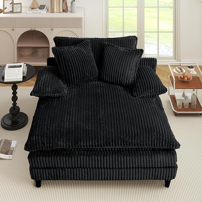 54.8" W Oversized Chaise Lounge Chair Indoor with 5-Position Adjustable Backrest, Corduroy Sleeper Sofa Bed with 3 Pillows, Modern Cloud Couch Chair for Living Room, Bedroom, Black