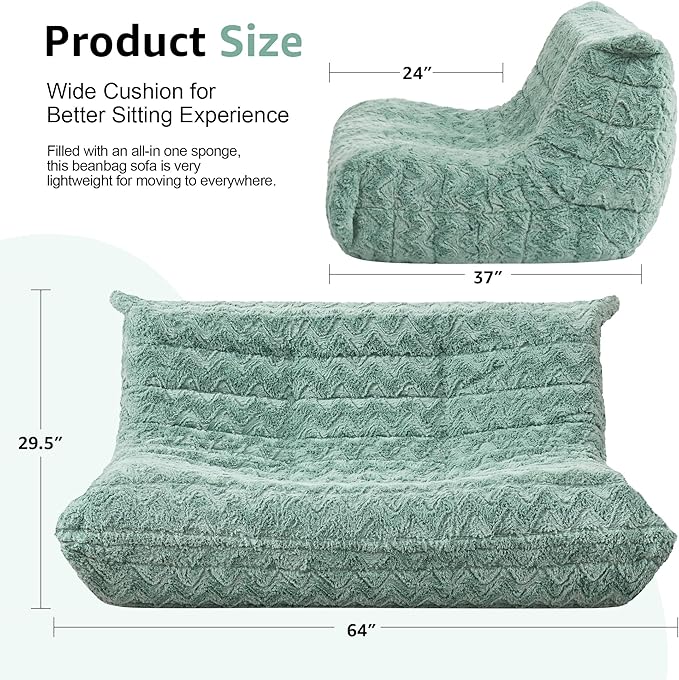 Bean Bag Chairs for Adults Giant Bean Bag Chair Memory Foam BeanBag Chair Bean Bag Sofa with Filler Faux Fur Fireside Beanbags Lazy Sofa for Living Room Bedroom Office (Green Chevron, Loveseat)