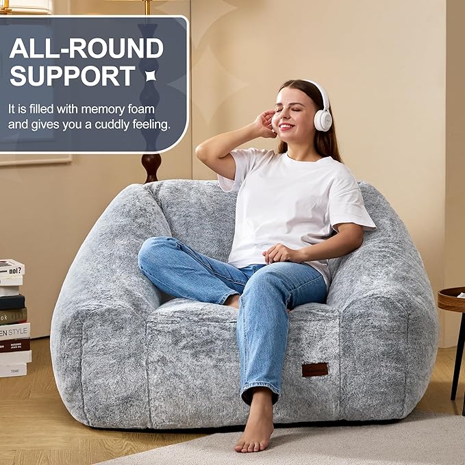 Hobestluk Bean Bag Chairs for Adults Giant Bean Bag Chair with Memory Foam Filling, Adult Beanbag for Bedroom, Living Room (Grey Two-Tone)