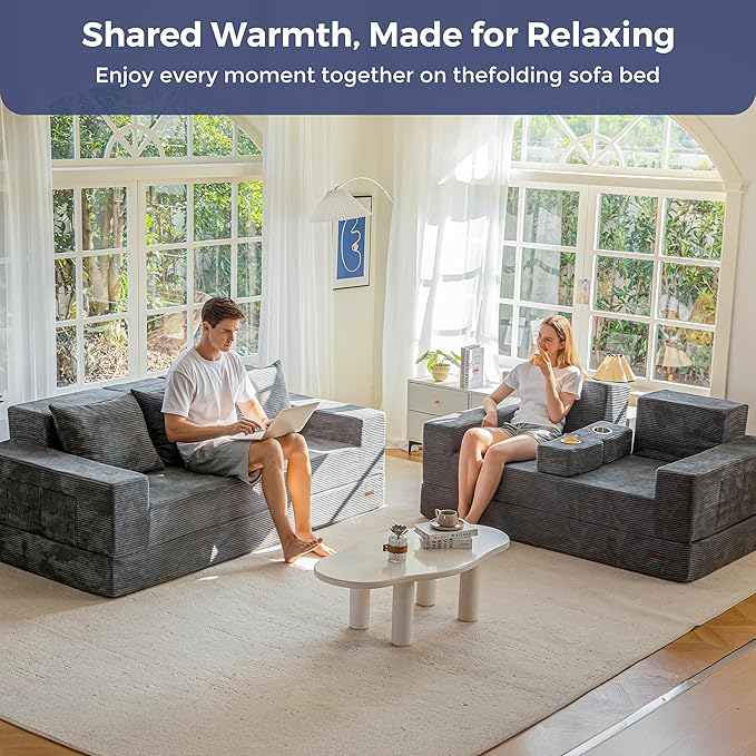 MAXYOYO Loveseat Sofa Bed, 64" Foldable Floor Sofa Couch in A Box with 2 Cup Holders, 4 in 1 Convertible Boneless Couch Folding Recliner Sleeper Chair for Living Room, No Assembly Required, Dark Grey