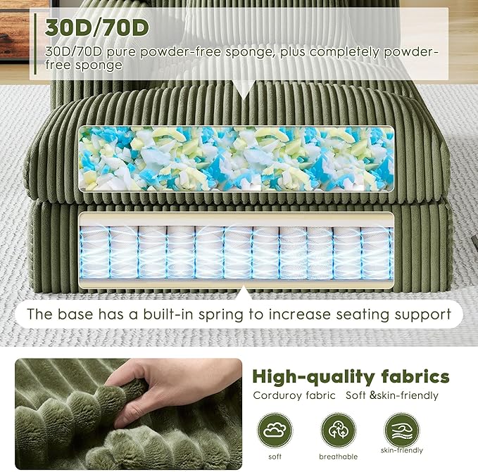 Oversized Chaise Lounge Sofa Chair Indoor，Soft Corduroy Fabric, Boneless sofawith Cushion，A Comfortable, deep-Seated Cloud Sofa for use in The Living Room.(Singler-Left-arm-Green)