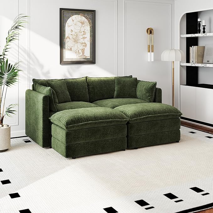 Aoowow Modular Sectional Sofa Modern Convertible Loveseat Couch,77.16 Inch Deep 2-Seater Sofas Comfy Chenille Cloud Sofas and Couches Set with 2 Movable Ottoman for Living Room Apartment（Green）