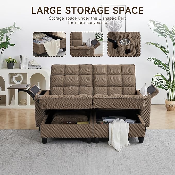 70.9" Chaise Lounge Chair Indoor, Oversized Boucle Upholstered Sofa Bed, Adjustable Backrest Deep Seat Reading Chair, Sofas Couches for Living Room with Storage, Cup Holders and 360° Swivel Side Table