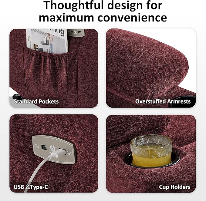 MCombo Power Lift Recliner Chair for Elderly, Electric Lift Chair with Extended Footrest, USB Ports, Cup Holders, Fabric 7281 (Burgundy, Small)