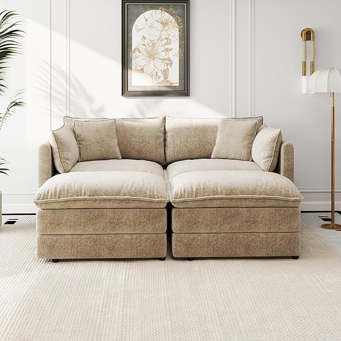 Aoowow Modular Sectional Sofa Modern Convertible Loveseat Couch,77.16 Inch Deep 2-Seater Sofas Comfy Chenille Cloud Sofas and Couches Set with 2 Movable Ottoman for Living Room Apartment（Camel）