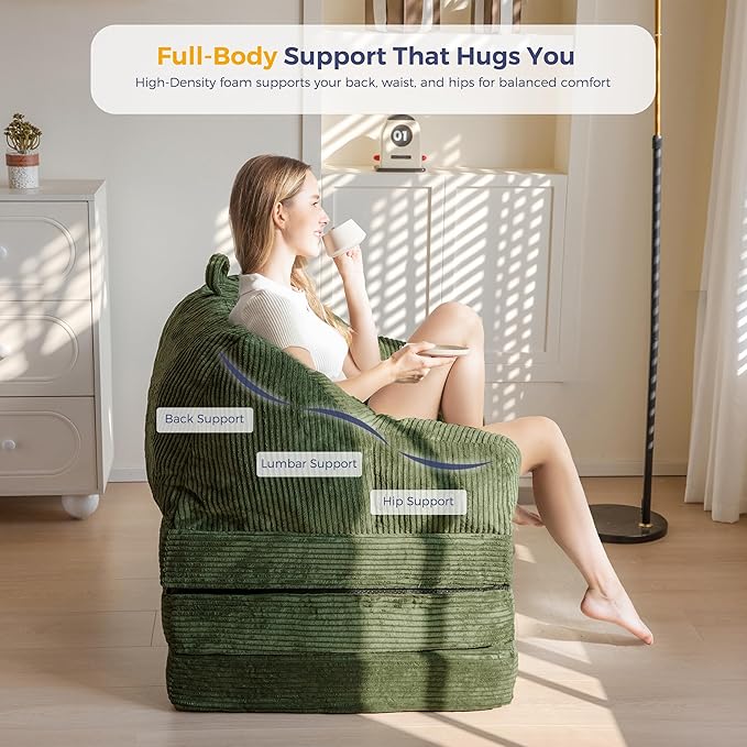 MAXYOYO Folding Sofa Bed with Backrest, Boneless Fold Out Couch Bed with Handle, 2 in 1 Convertible Bean Bag Chair to Floor Sofa Lounger, Comfy Folding Couch for Bedroom & Living Room, Dark Green
