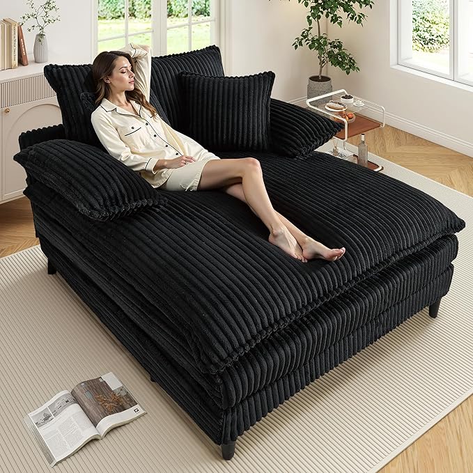 54.8" W Oversized Chaise Lounge Chair Indoor with 5-Position Adjustable Backrest, Corduroy Sleeper Sofa Bed with 3 Pillows, Modern Cloud Couch Chair for Living Room, Bedroom, Black