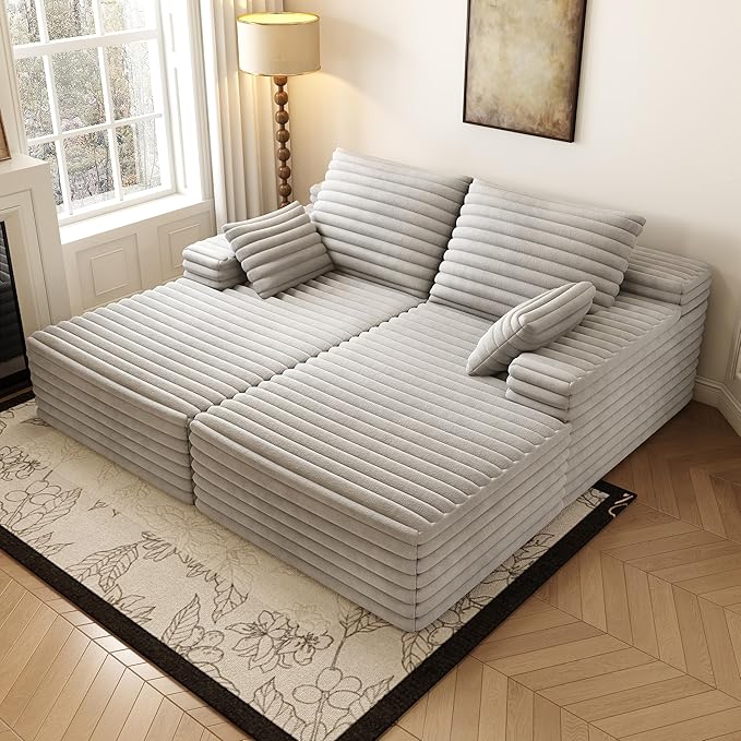 80” Oversized Double Lounge Chaise,Cloud Plush Sofa Bed,Upholstered Boneless Cloud Sofa Deep Seat,No Assembly Required,Modern Corduroy Sleeper Loveseat Chair for Living Room Bedroom Reading,Grey