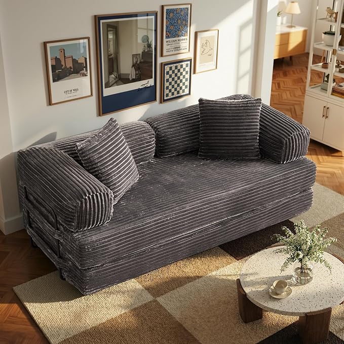 4-in-1 Folding Sofa Bed, 78" Oversized Corduroy Sleeper Chair, Convertible Loveseat to Floor Bed with Storage Pockets, Boneless Design for Living Room, Bedroom & Small Spaces