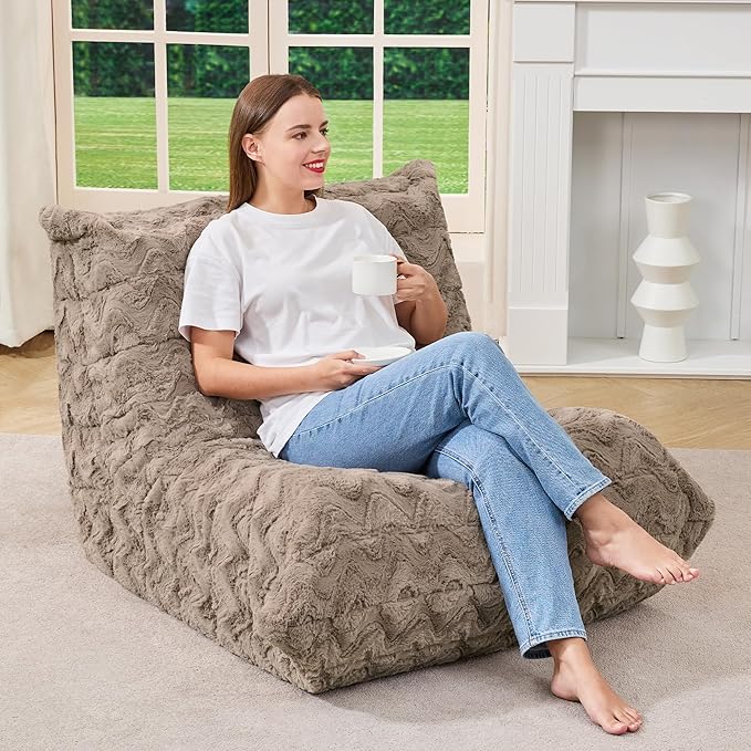 Bean Bag Chairs for Adults Giant Bean Bag Chair Memory Foam BeanBag Chair Bean Bag Sofa with Filler Faux Fur Fireside Beanbags Lazy Sofa for Living Room Bedroom Office (Brown Chevron, Single)