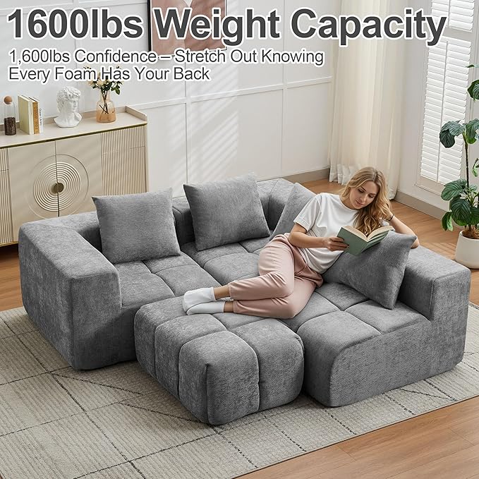 119" Boneless Couch, Cloud Sectional Couch with Deep Seat, High-Density Memory Foam and Chaise, Sectional L Shaped Sofa, Boneless Couches for Living Room, Tufted Sofa No Assembly Needed, Light Grey