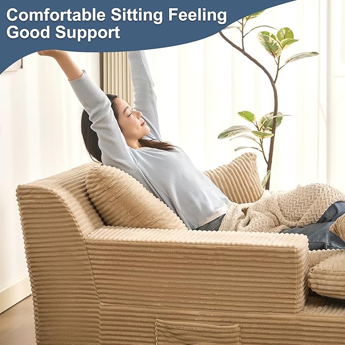 63" Oversized Boneless Chaise Lounge Chair, Extra Cloud Layer, Convertible Sleeper Sofa Couch with Removable Pillows & Side Pockets, Corduroy Upholstered Sofa Bed with Armrests for Living Room, Camel